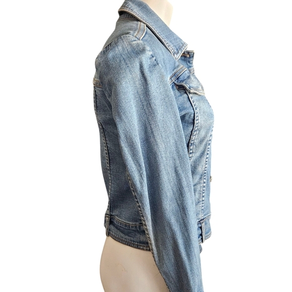 Cache Women's Blue Denim Short Jacket Rhinestone Buttons Size 6 - Picture 2 of 12